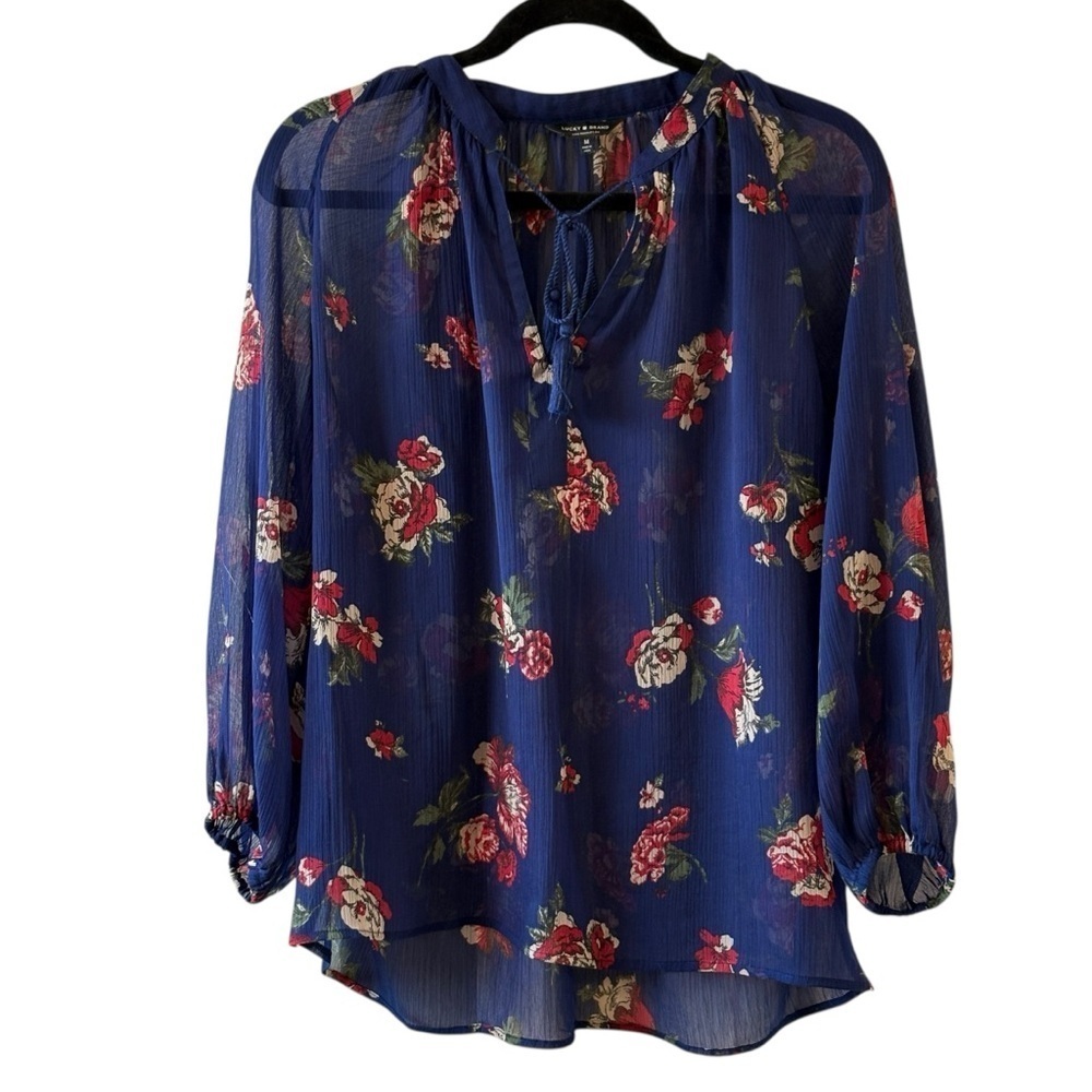 Lucky Brand Blue Chiffon Red Rose Floral Peasant V Neck Boho Blouse Size XS - Picture 4 of 11